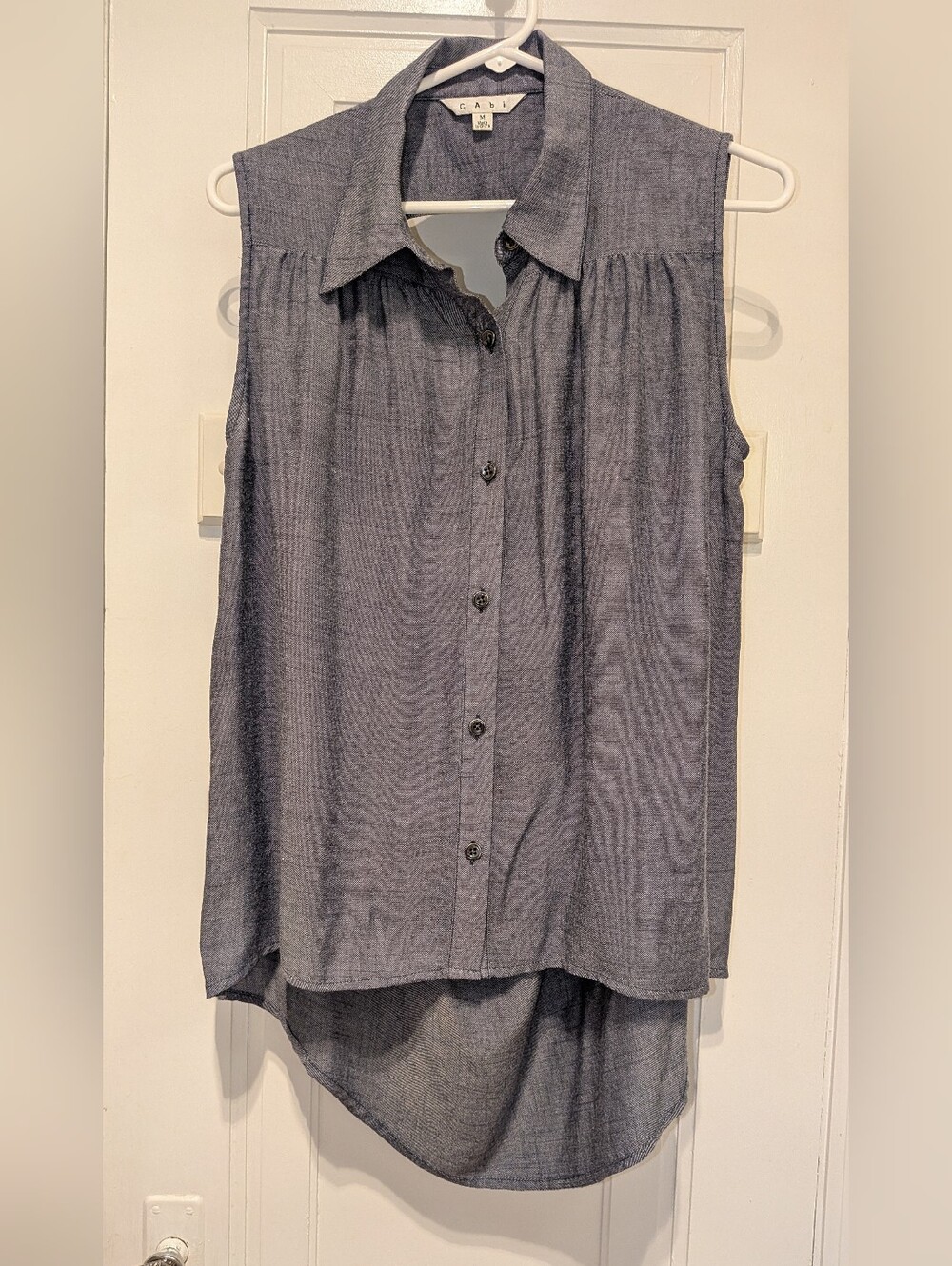 CAbi Sleeveless Button-Down Top in Blue-Gray Chambray